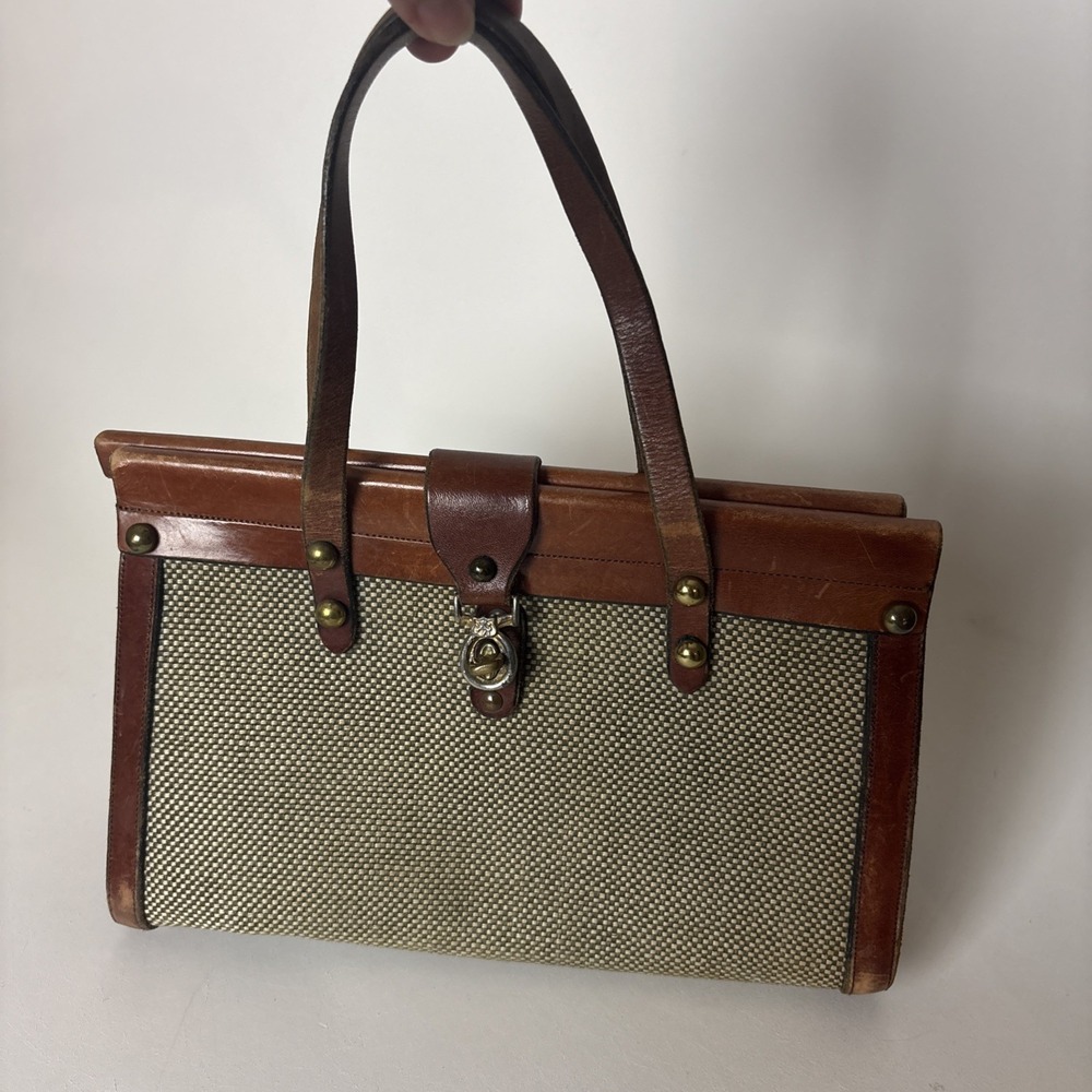 Vintage Casual Corner Woven Satchel Top Handle Bag Brown/Beige Turn Lock